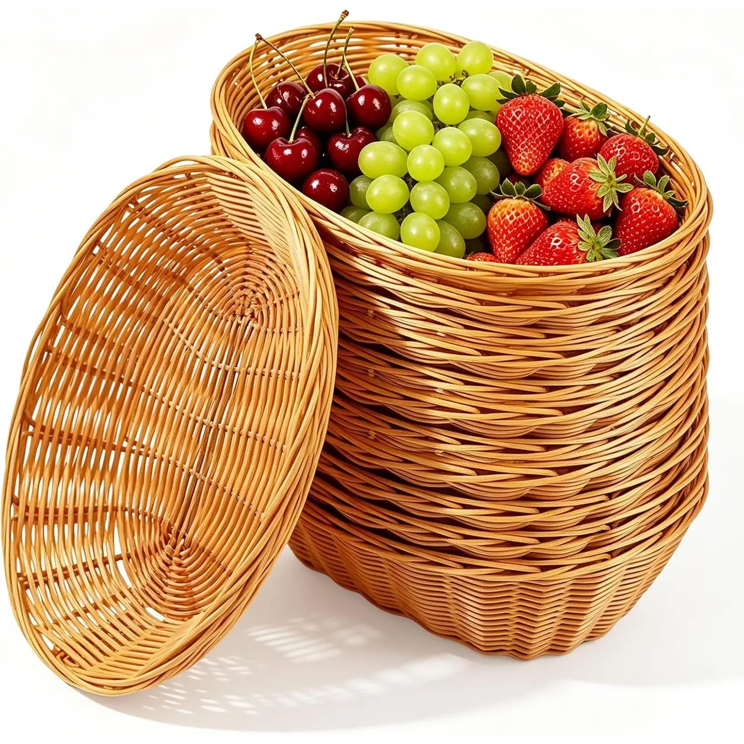 12 Pack Plastic Oval Basket, Empty Bread Basket 10 x 6.25 x 3 Inch Food Storage Basket Bulk, Plastic Wicker Baskets Bin for Kitchen Serving, Centerpiece Display, Gifts, Brown