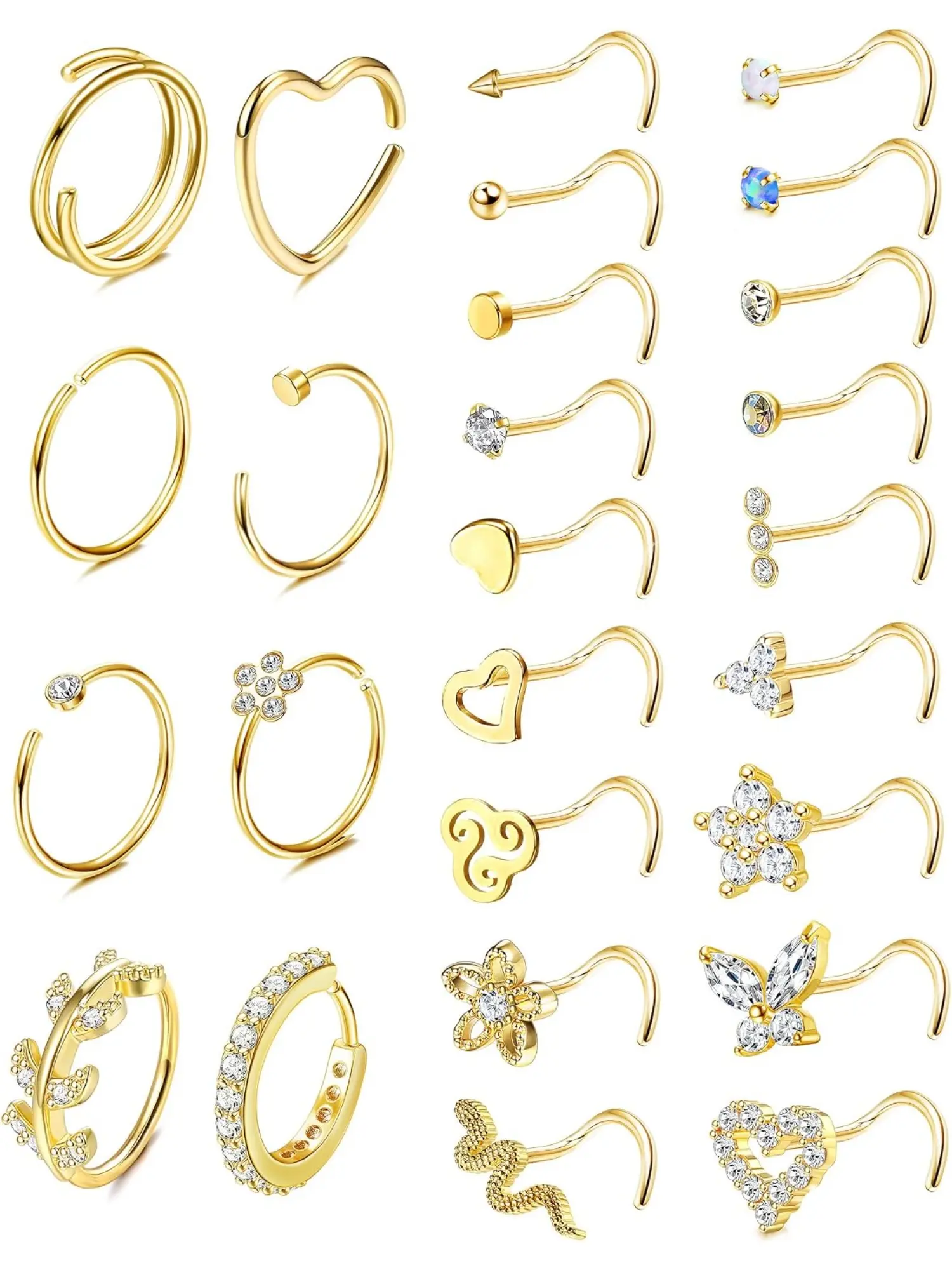 26Pcs Unisex 20G Surgical Steel Nose Piercing Bundle, Gold Silver Shiny CZ Butterfly Snake Nose Studs & Septum Rings For Men Women