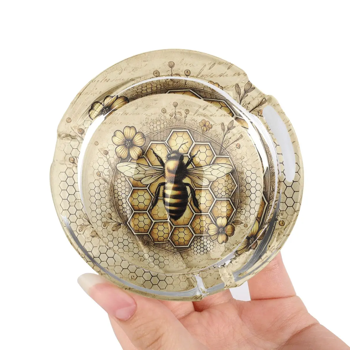 1 round glass ashtray with anti slip base, decorated with rustic bee and honeycomb art patterns, suitable for homes, offices, and courtyards - a stylish and practical ashtray dedicated to nature enthusiasts and decorative art enthusiasts