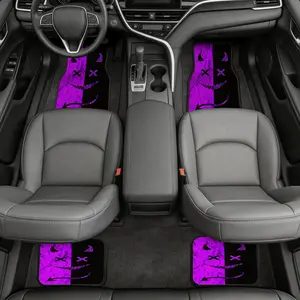 4Pcs Universal Car Floor Mats Set - Black Purple Split Smoke Devil Horn Grin Face Print, All-Weather Waterproof Anti-Slip Auto Floor Liners, Rear Fit Design, Edgy Street Gothic Vehicle Interior Tuning Alt Car Accessories, Non-Slip Backing for Trucks