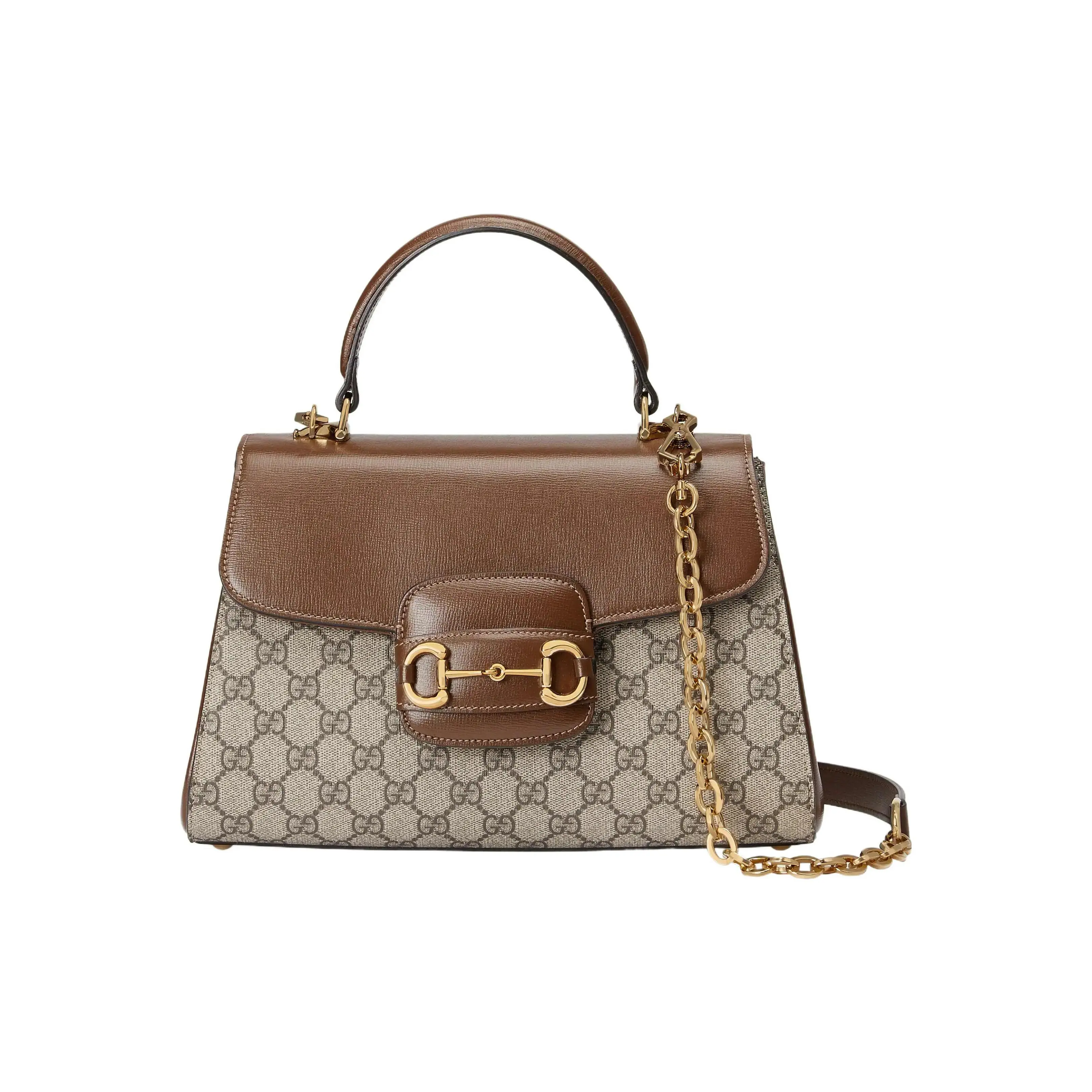 Gucci Horsebit 1955 Shiny Gold-Tone Chain Crossbody Handbag for Women, Supreme Canvas with Leather Trim, Brown and Ebony