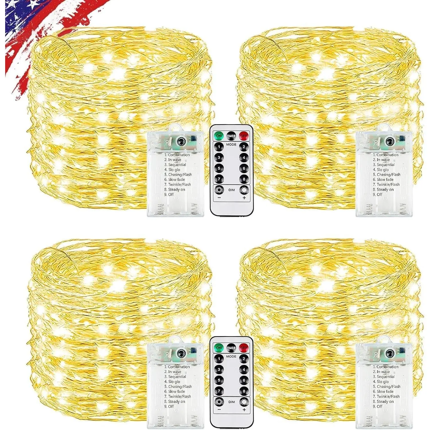 4Pack 80FT 240LED Fairy Lights Battery Operated with Remote & Timer | 8 Modes Twinkle String Lights Battery Powered Indoor Outdoor Waterproof for Bedroom Wedding Classroom Christmas Décor, Warm White