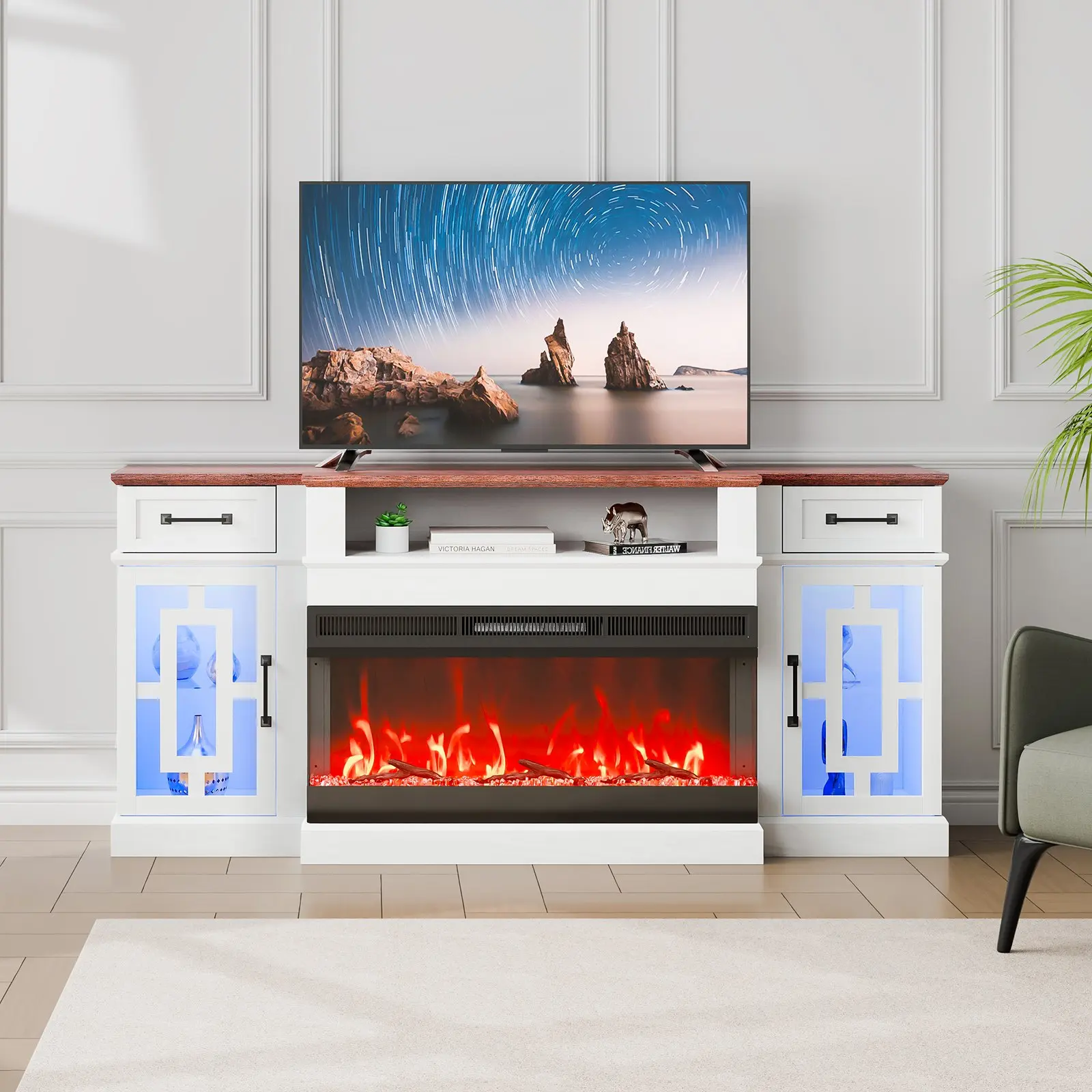 VEVOR 80" Vintage Corner Fireplace TV Stand - Tempered Glass Media Cabinet, 36" Fireplace, Storage Drawers, 20 LED Lights, Remote Control Timer, Easy Setup, Brown White for Living Room