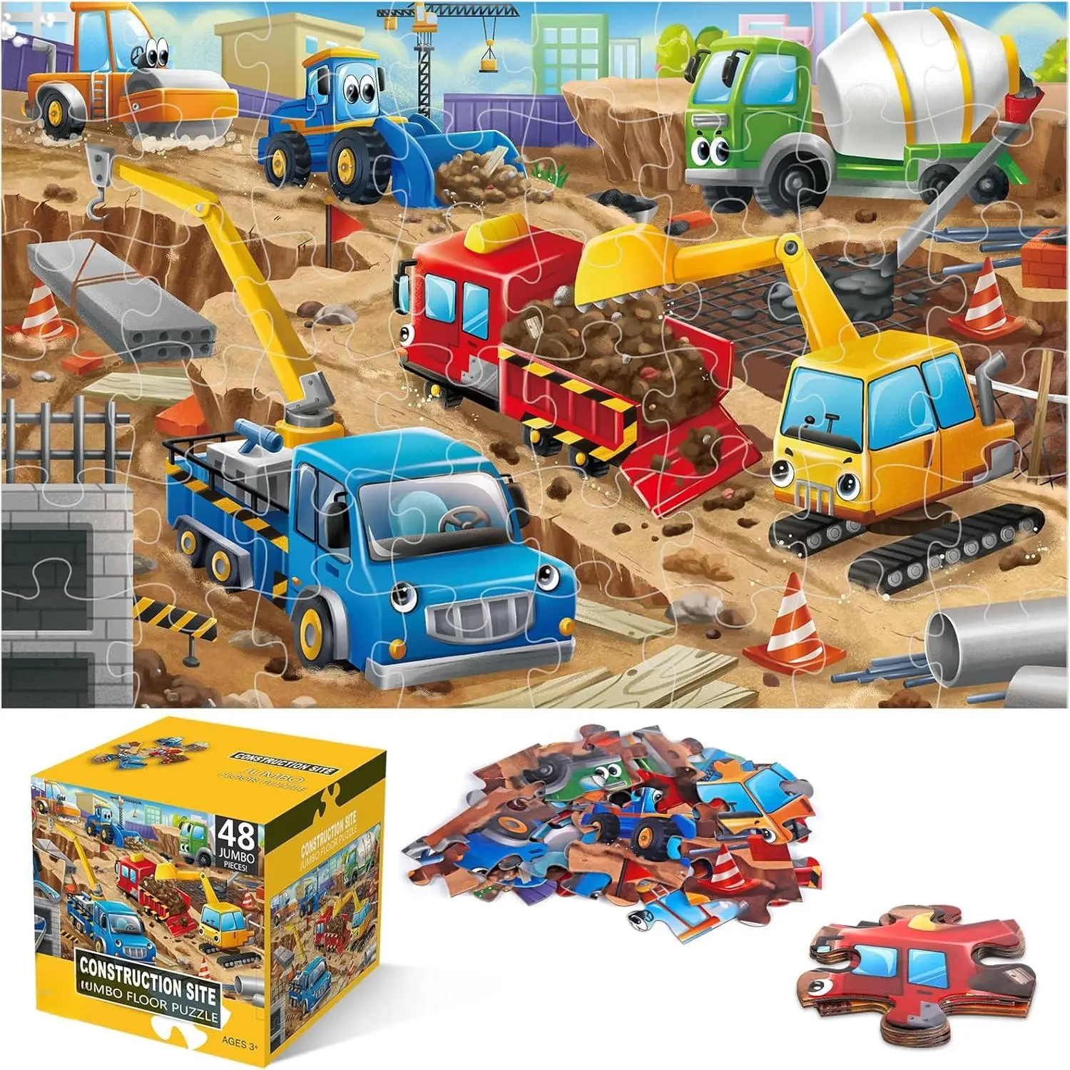 48-Piece Thick Cardboard Construction Floor Puzzle for Kids - 35.4x23.5in Large Jigsaw with Construction Vehicles, Garbage Truck, Preschool Collaborative Play Toy for 4-6 Years, Gift Box-Included Birthday Gift