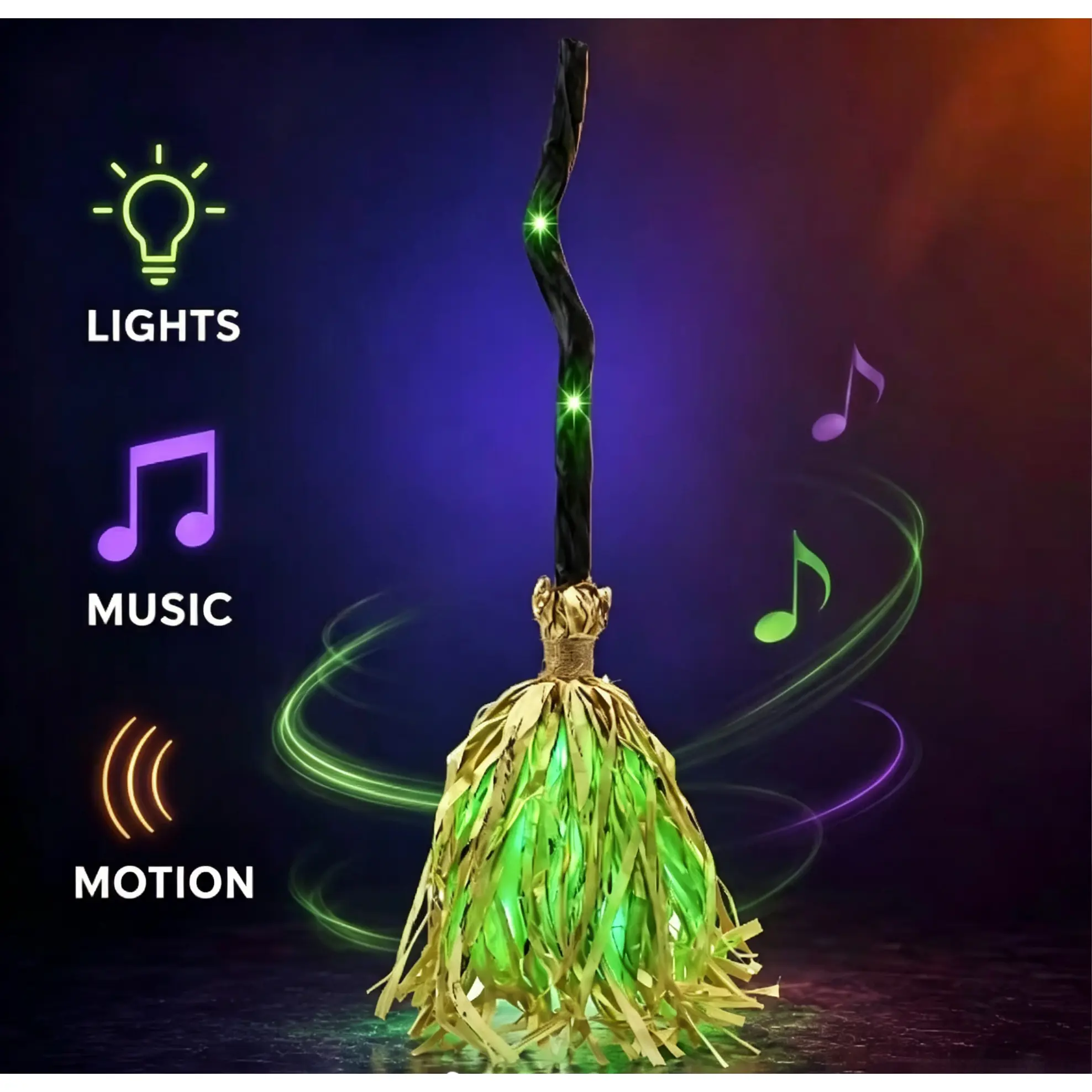 Light Up Halloween Witch Broom 35 Inch, Bendable Glowing Witch Broomstick, Battery Powered Costume Prop for Halloween Cosplay Party Yard Decor Party Decor Supplies Party Decor Design Party Atmosphere Props Scene Decorations