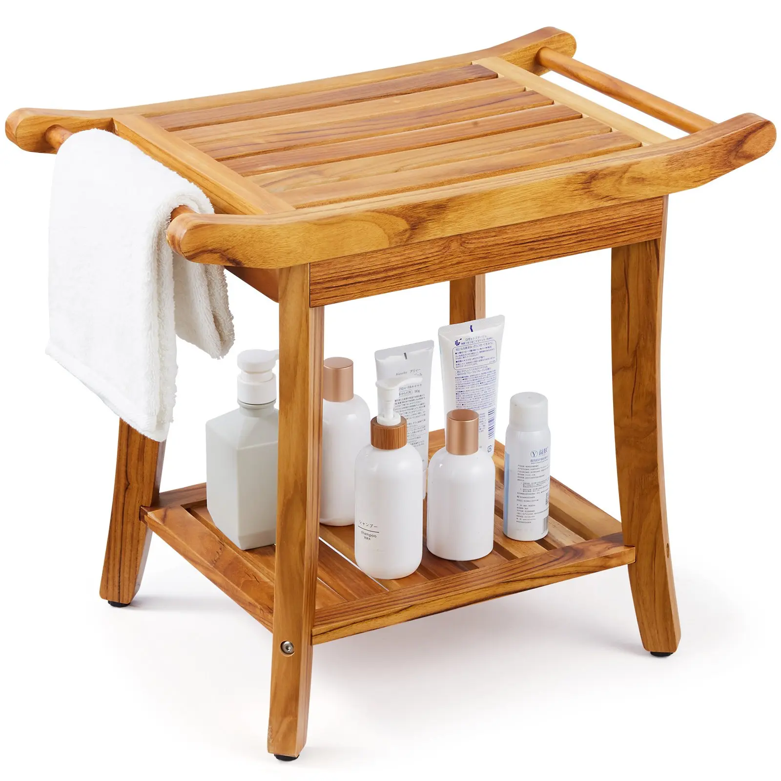 VEVOR Teak Shower Bench, 22x 14.4x 18.5 in, Waterproof Wood Shower Stool with Storage Shelf Handle Non-Slip Feet, 300 lbs Maximum Load Capacity Shower Chair Seat, for Bathroom Indoor and Outdoor Use