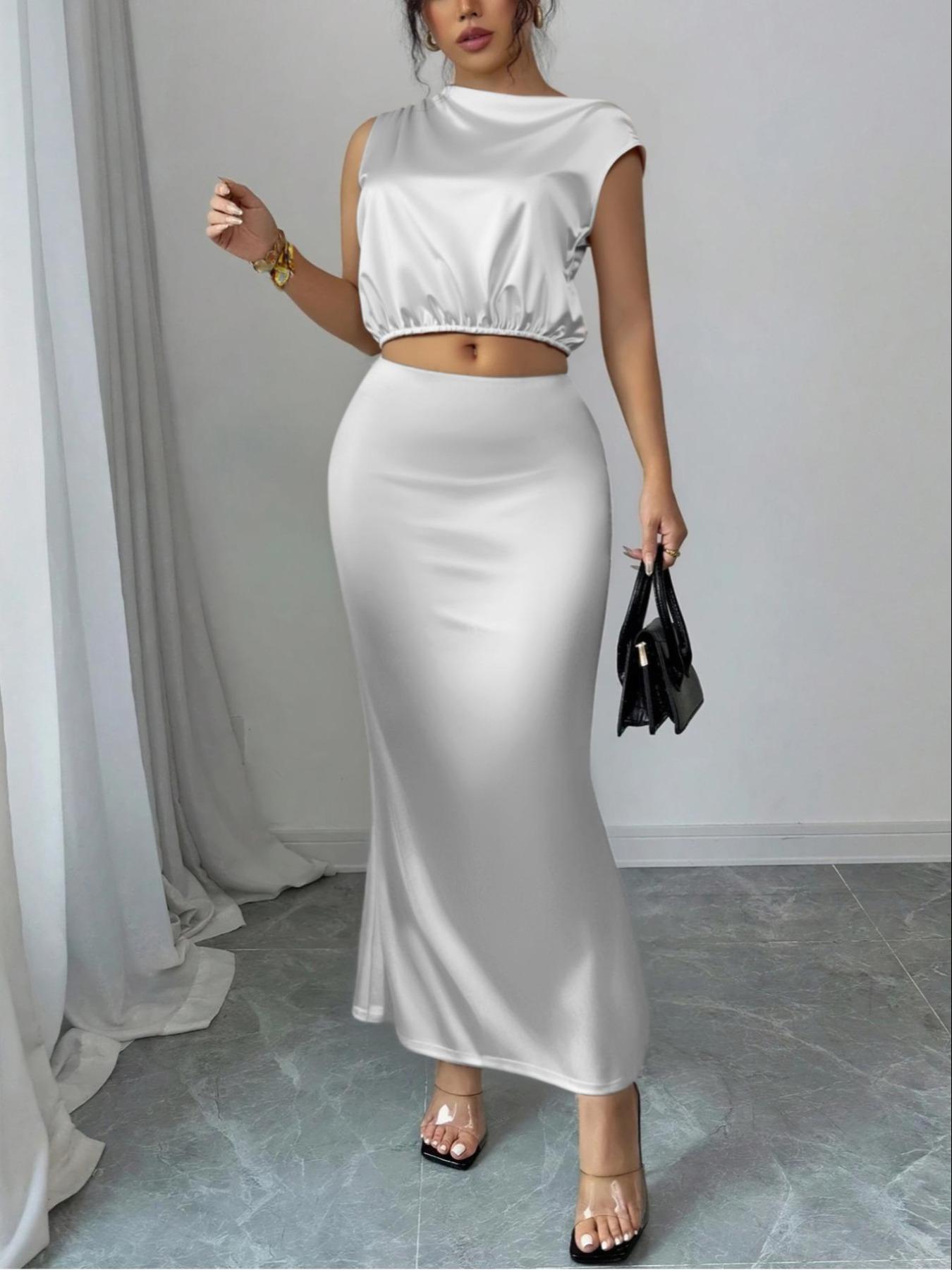 Women's Solid Asymmetrical Neck Top & Mermaid Skirt Satin Two-piece Set, Chic Elegant Fashion Casual Top & Skirt for Daily Outdoor Wear, Women's Clothing for All Seasons, Womenswear