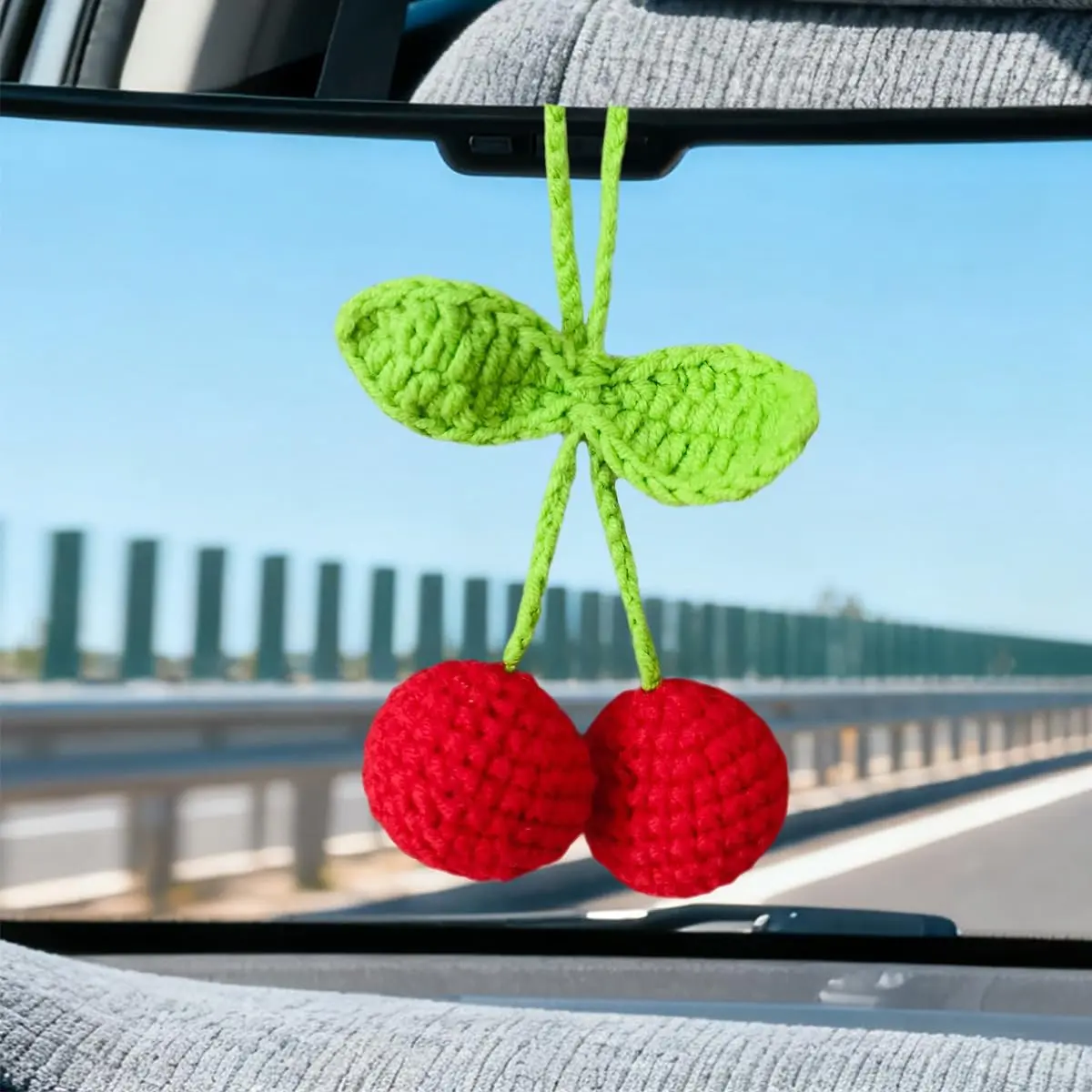 Crochet Cherry Car Interior Décor, Soft Yarn Knitted Ornament with Adjustable Strap, Hang Easily Rear View Mirror Hanger & Bag Charm for Cars/SUVs/Taxis, Women