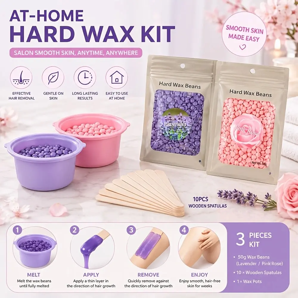 Home Hard Wax Kit with Lavender and Rose Scented Wax Beans, Reusable Silicone Melting Bowl, 10 Wooden Scrapers, Gentle Hair Removal, Home Waxing, Body Hair Removal, Hard Wax Beads