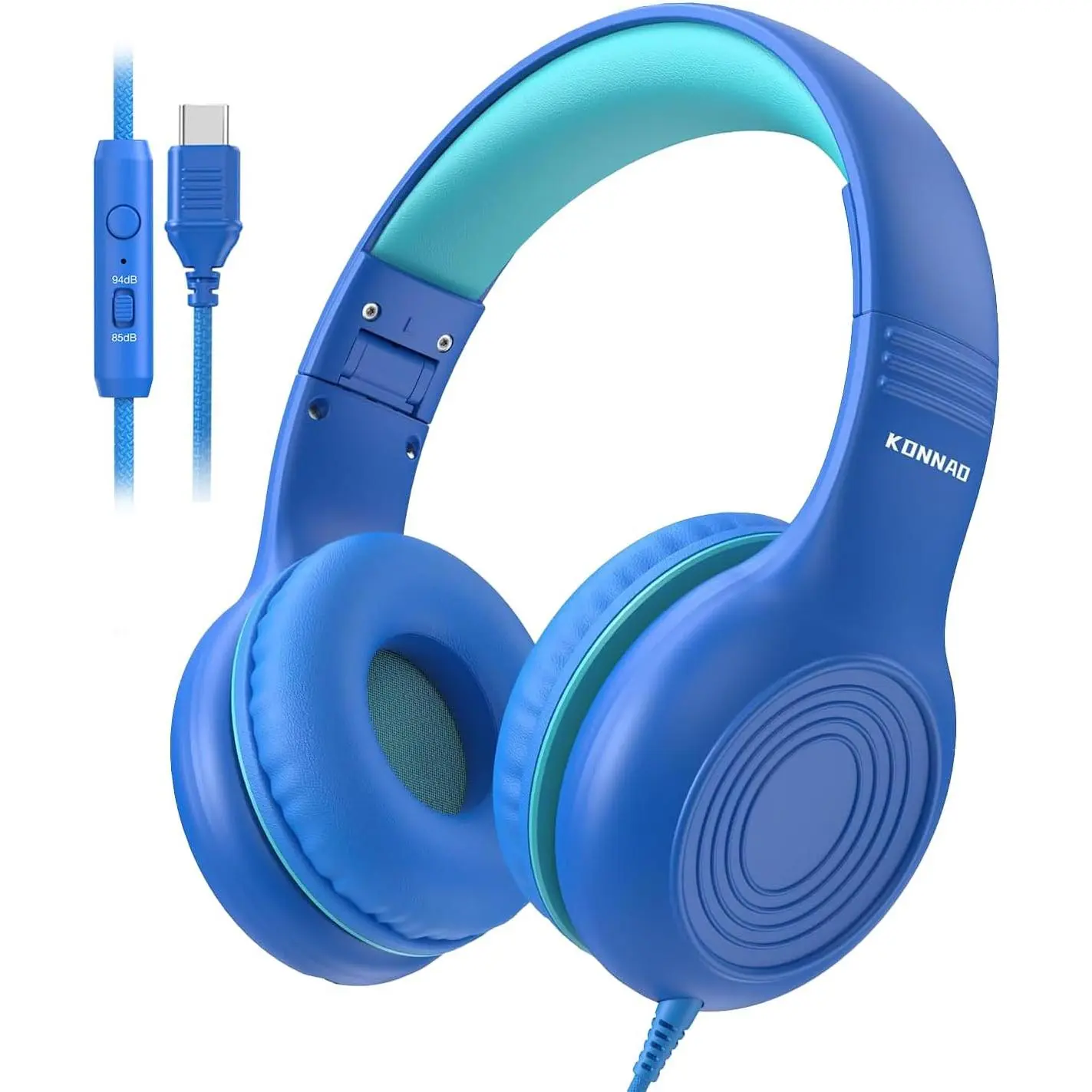 Upgrade USB Type C Kids Headphones, Wired Headphones for Kids with Microphone for Boys Girls, Adjustable 85dB/94dB Volume Limited (Navy/Blue)
