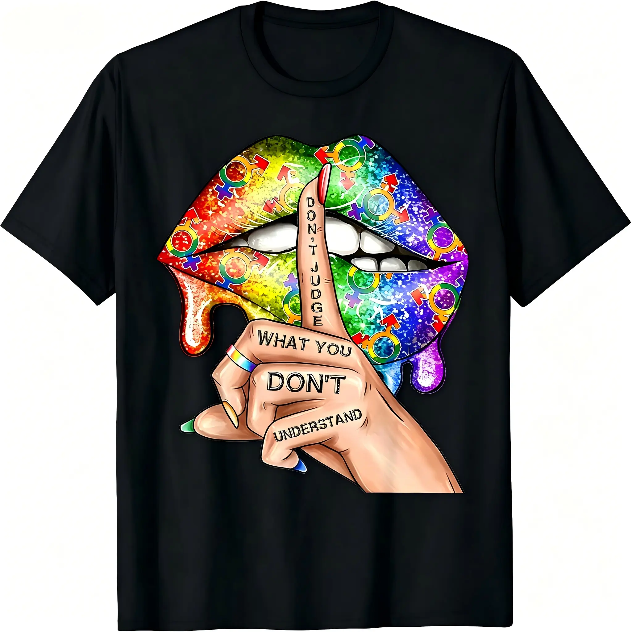 "Don't Judge What You Don't Understand" Pride Rainbow Lips Graphic T-Shirt for Men & Women - LGBTQ Equality Design, Soft Breathable Cotton Crew Neck Short Sleeve, All-Season Summer Spring Casual Tee, Great Everyday Wear & Gift, Machine Washable