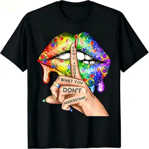"Don't Judge What You Don't Understand" Pride Rainbow Lips Graphic T-Shirt for Men & Women - LGBTQ Equality Design, Soft Breathable Cotton Crew Neck Short Sleeve, All-Season Summer Spring Casual Tee, Great Everyday Wear & Gift, Machine Washable