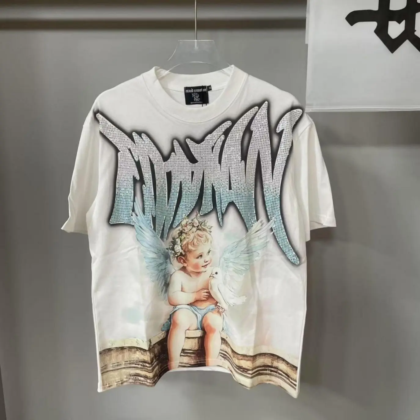 MIXED EMOTION Mens Y2K Hip Hop Diamond Angel Graphic Cotton Tee Vintage Washed Oversized Streetwear Gothic Summer Casual Short Sleeve Trendy Graphic Shirt