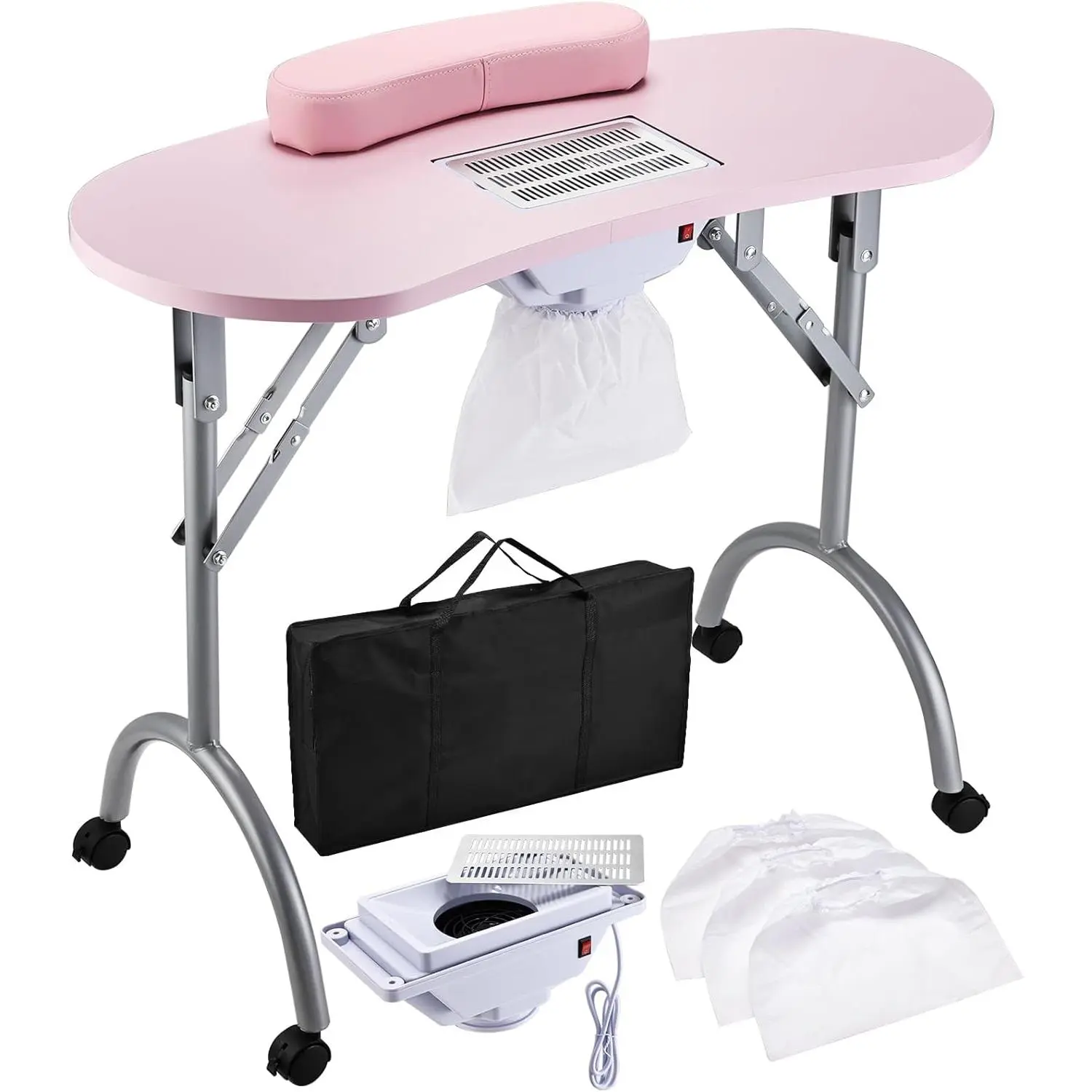 Manicure Table with  Dust Collector, Portable  Table Rolling  Desk  Tech Travel  Station Foldable Professional  Salon Table with Cacuum,Arm Rest,Lockable Wheel,Bag,