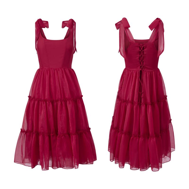 Womens Party Tutu Dress Stylish Solid Ruffled Trim Tie Back Sleeveless Tie-Shoulder Midi A-Line Dress