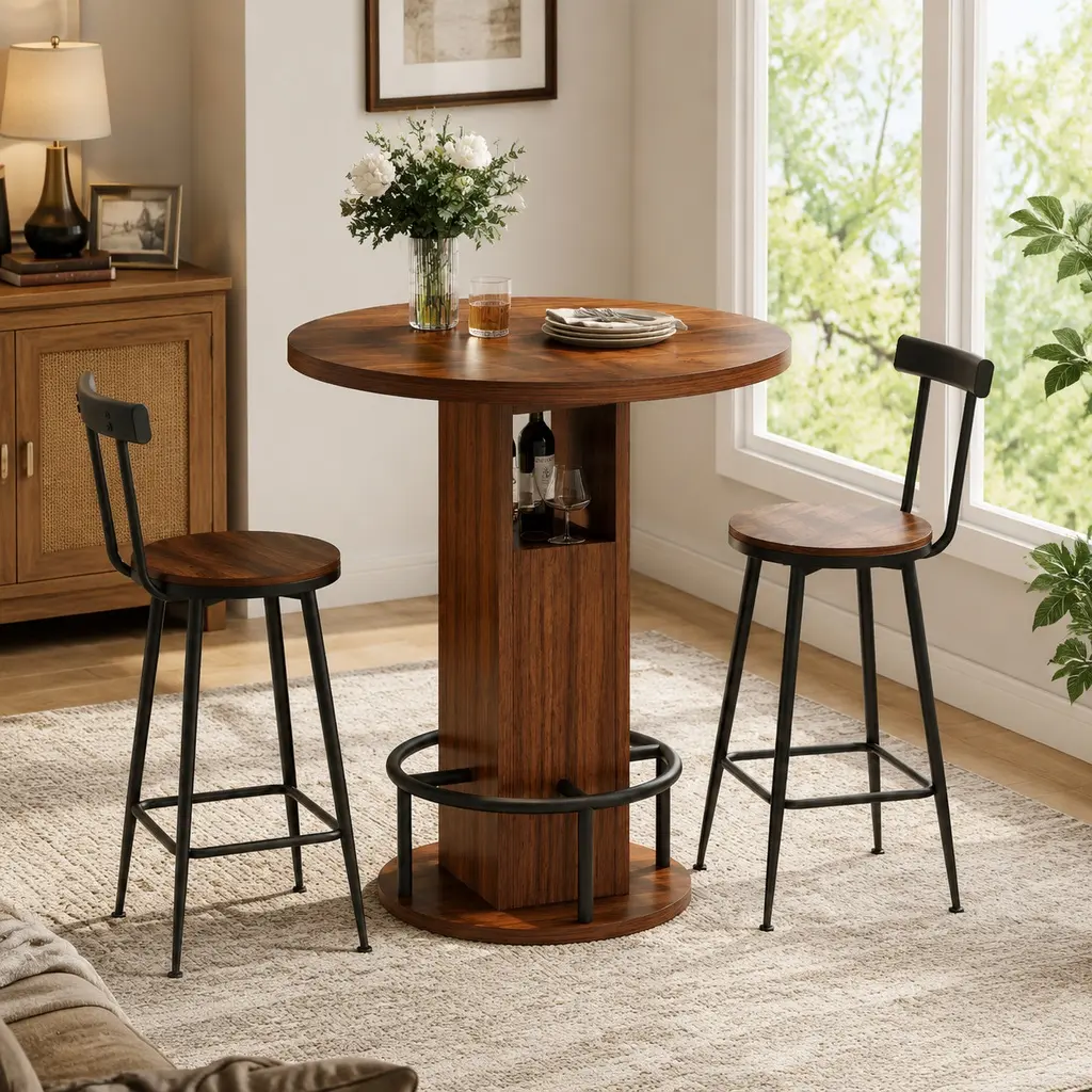 ARCH 3-Piece Mid-Century Wood Bar Table and Stool Set - 31.50" W x 31.50" D x 36.00" H Round Particle Board+MDF/Steel Sturdy Table with 2 Stools, Metal Footrest, Storage, Compact Dining Set for Kitchen, Home Bar