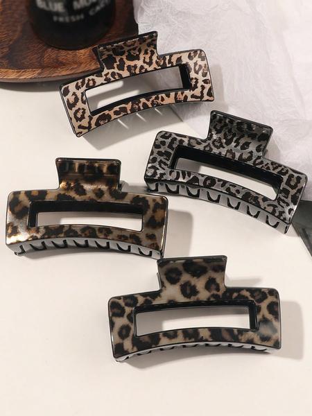 4pcs/Set Medium Leopard Print Square Hair Claws, Versatile Plastic Square Hair Clips, Damage-Free Hair Accessory, Leopard Hair Claw, Suitable For Daily Wear, Parties, Gifts, Autumn/Winter Valentine's Day,Hair Accessories,Claw Clips,Hair Jaw Clip