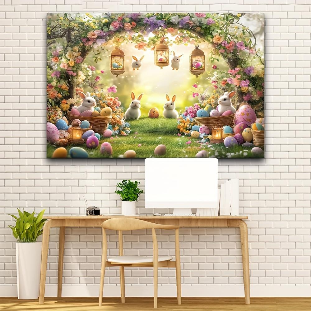 [Easter Spring Parties] 2D Flat - A 2D Flat Banner, One Piece of a Rustic Easter Arch Photo Backdrop Featuring Rabbits And Colorful Egg Baskets - a Vibrant Polyester Banner Suitable for Spring