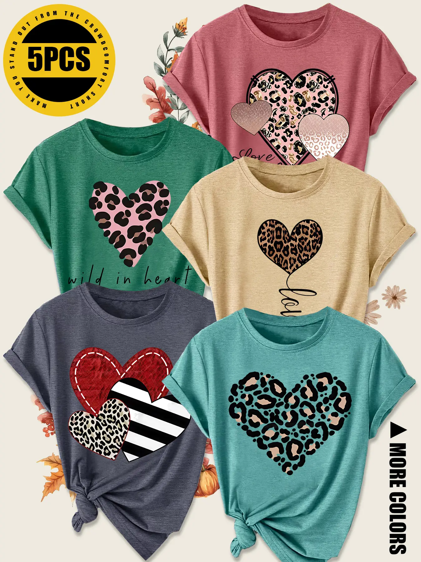 5Pcs Leopard Heart Women Tee, Mixed Print Heart Cursive Text, multi-heather loose casual top