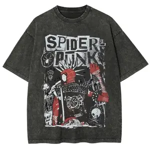 Spider Punk Graffiti Graphic Tee, Vintage Washed Oversized Streetwear T-Shirt, Y2K Hip Hop Cotton Summer Top