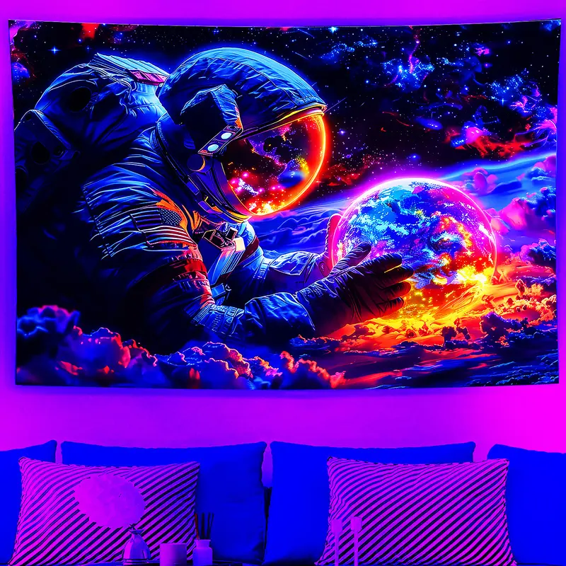 1 Piece Extra Large Custom Printing Blacklight Astronaut Tapestry - UV Reactive Psychedelic Starry Night Fantasy Galaxy Wall Hanging, Cotton Spooky Skeleton Neon Space Home Decor Accessory (Banner with Hanging Loop Option for Gifting) bedroom decor