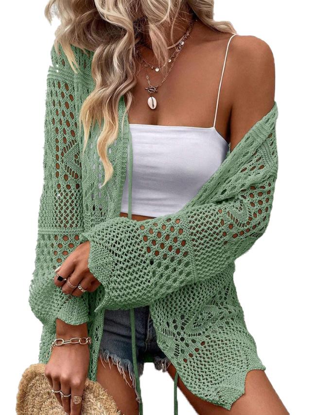 Women's Solid Color Hollow Out Tie Front Crochet Cardigan, Casual Long Sleeve Knitwear for Summer, Fashion Women's Knit Clothing for Daily Wear, Knitting, Summer Cardigan Women, Beach Cover Up, Lightweight Knit Top, Boho Crochet Sweater, Vacation Outfit