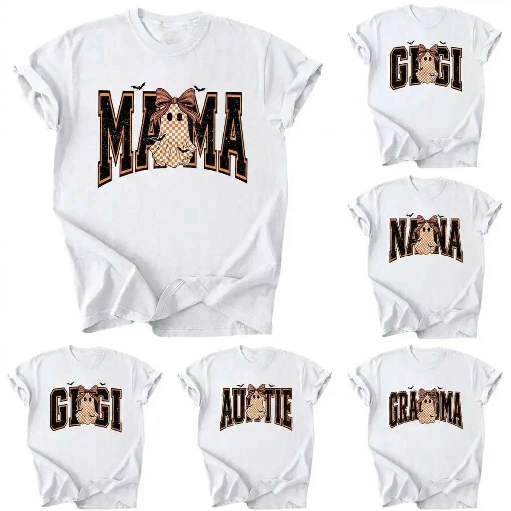 Custom Mama Halloween Shirt, Ghost Bow Graphic Tee, Mimi Nana Gigi Auntie Grandma Shirt, Spooky Family Fall Gift, Retro Halloween Tee