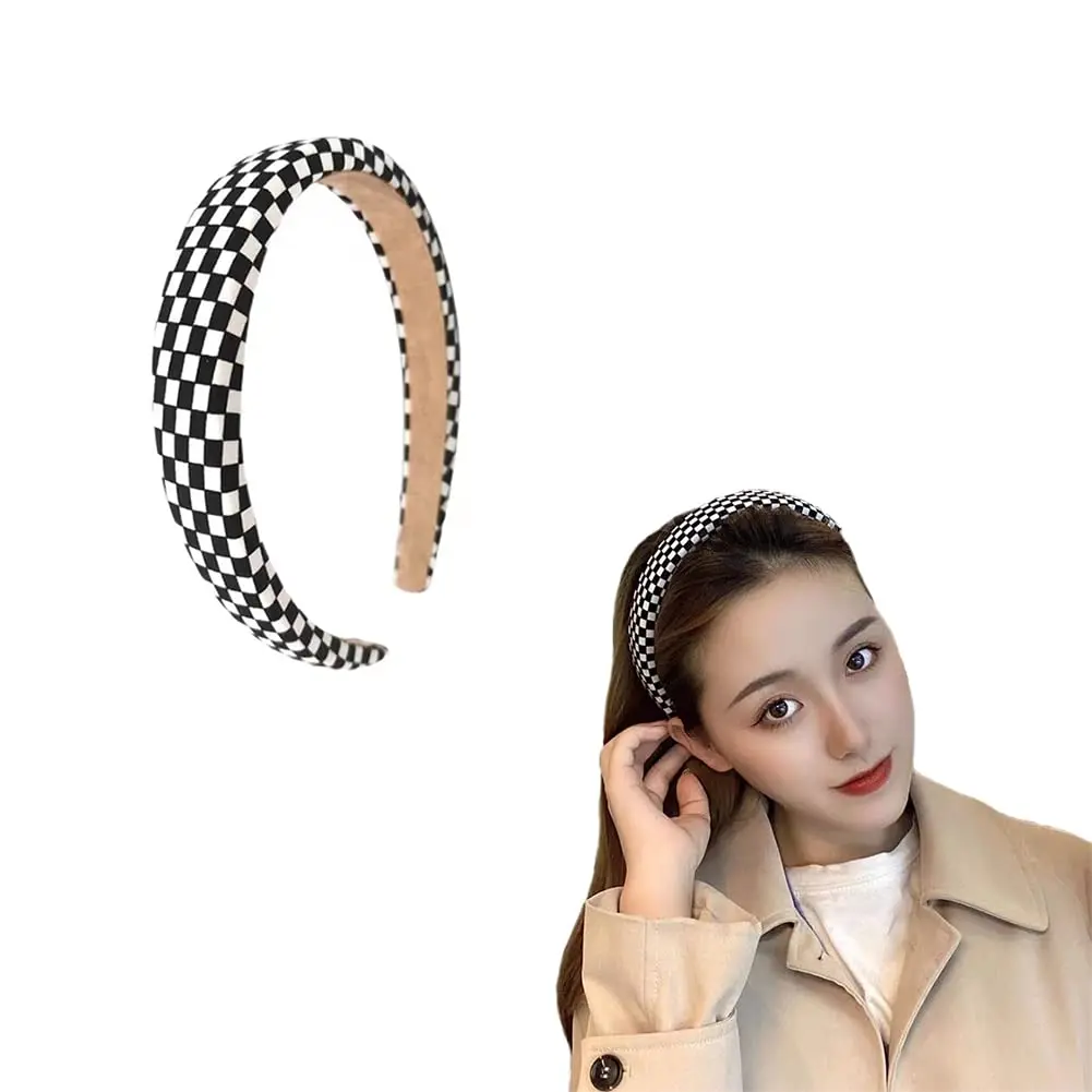Checkered Puffy Plaid Hair Accessories: Black and White Buffalo Check Padded Hairbands for Women and Girls