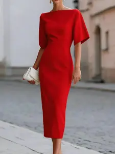 Elegant Boat Neck Fitted Midi Dress, Tailored Cutout Design, Flowing Fabric, Perfect for Wedding Guests, Exudes Graceful Demeanor