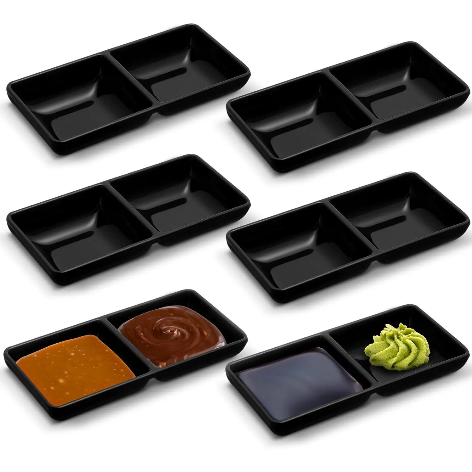 6 count  Dipping Sauce Bowls Soy Sauce Dish Bowls Two Compartments Party Trays Divided Fondue Plates for Restaurant Kitchen Sushi Soy (Black)