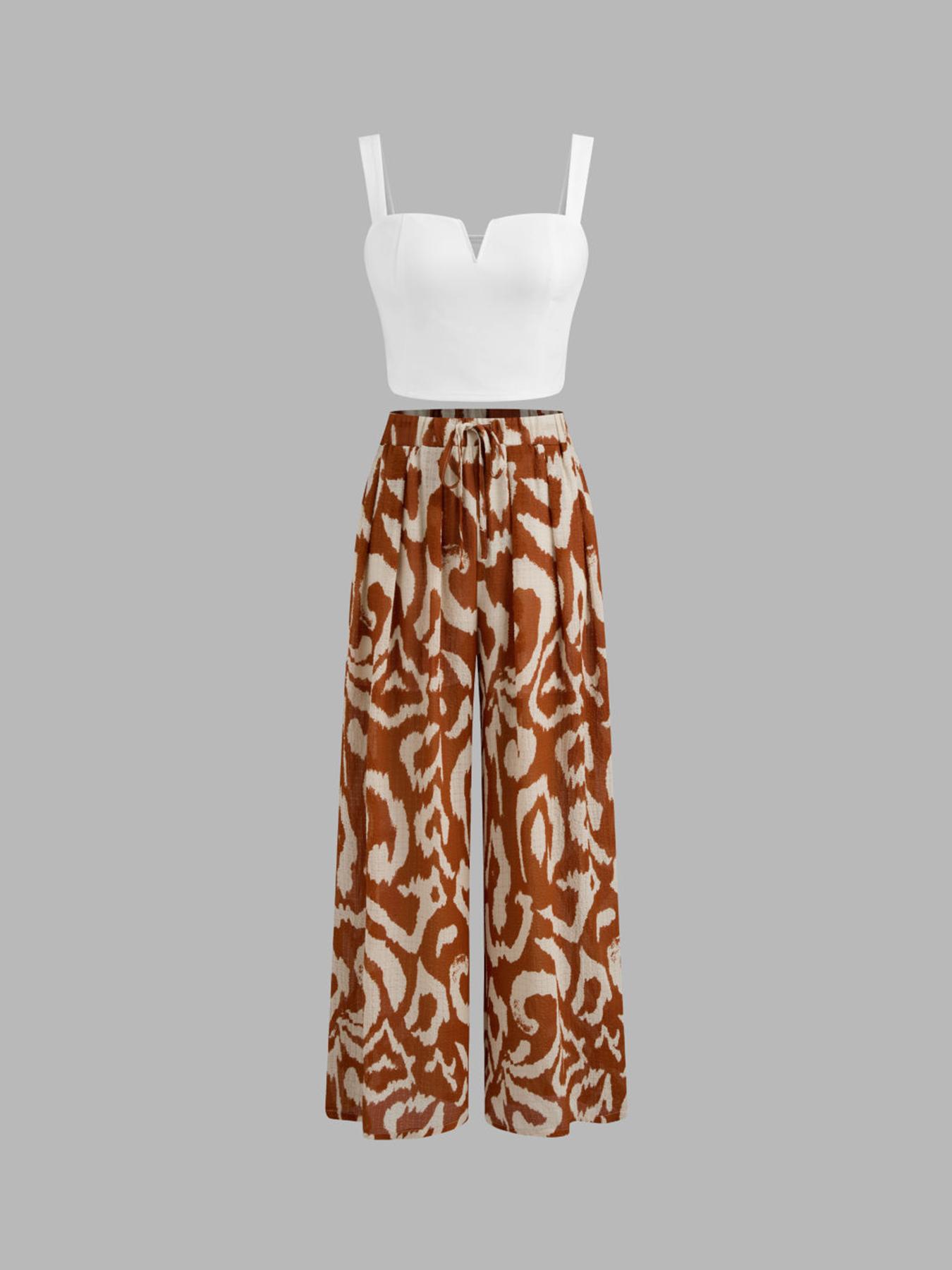 Women's Solid Color Crop Tank Top & Wide Leg Pants Two-Piece Set, Casual Fashion Cozy Top & Trousers for Daily Outdoor Wear, Ladies Clothes for All Seasons