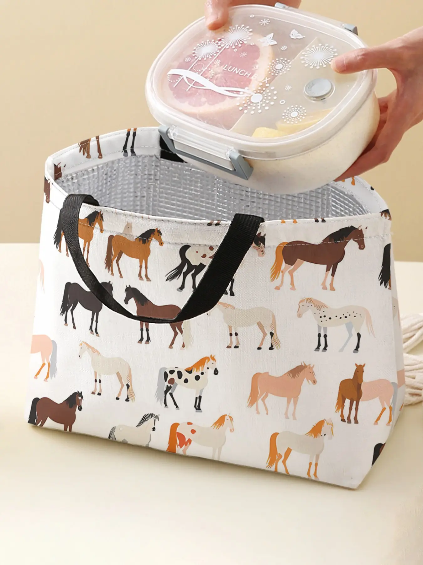 Horse Pattern Handbag Portable Lunch Bag, Women's Casual Ice Pack, Large Capacity Camping Student Picnic Food Beverage Bag, Random Print