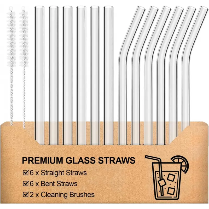 14 Pack Reusable Glass Straws, T Tersely Set of Reusable Drinking Straw Including Straight and Bent Straws with Cleaning Brushes for Smoothies, Milkshakes, Juice, Tea