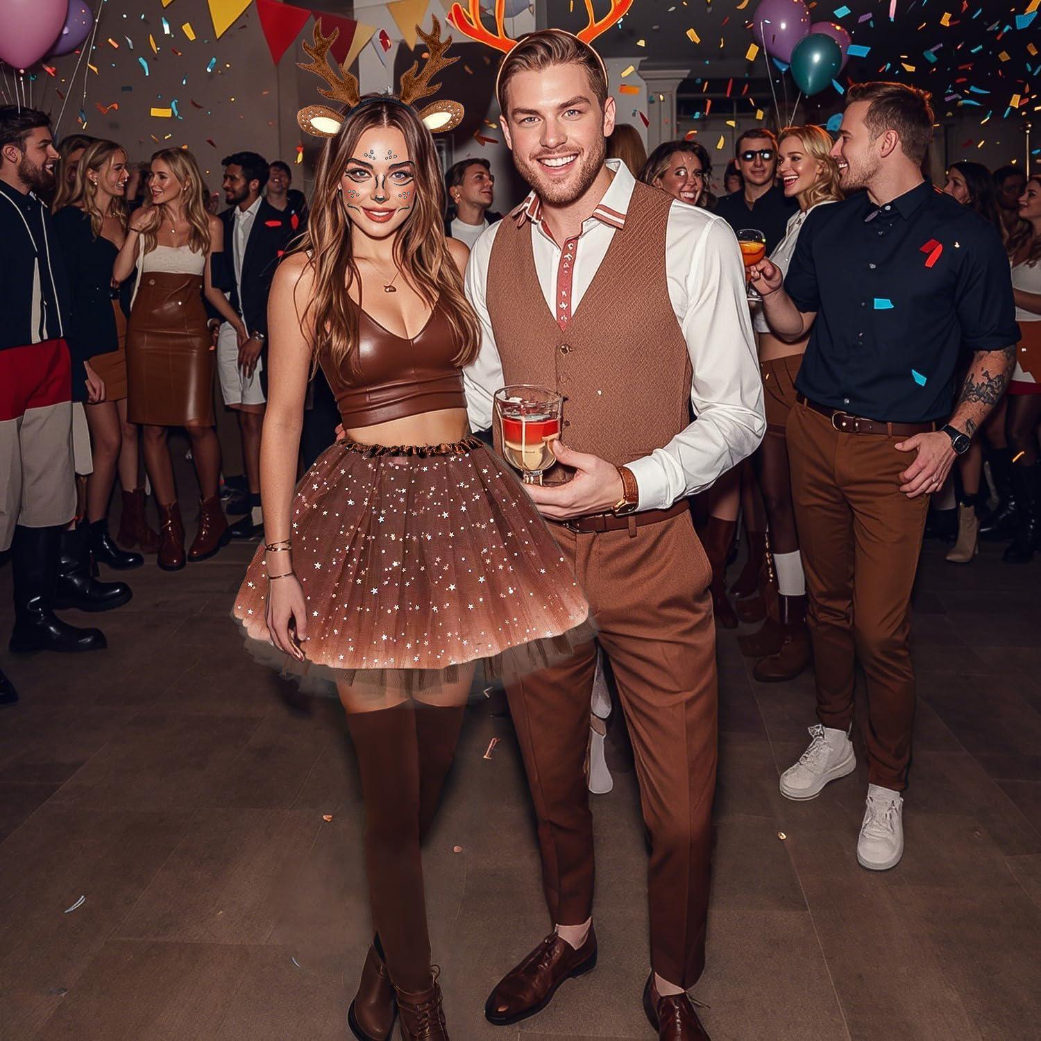 Carnival Deer Costume Women Deer Antlers Headband with Reindeer Ears Tutu Skirt Socks Deer Face Tattoo Deer Costume Accessory