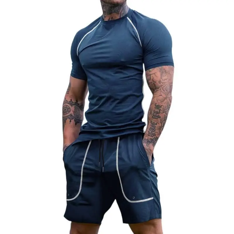 Men's 2-Piece Quick-Dry Fitted Compression Shirt & Above-Knee Shorts Set, Male Running Gym Workout Reflective Polyester Machine-Wash Apparel