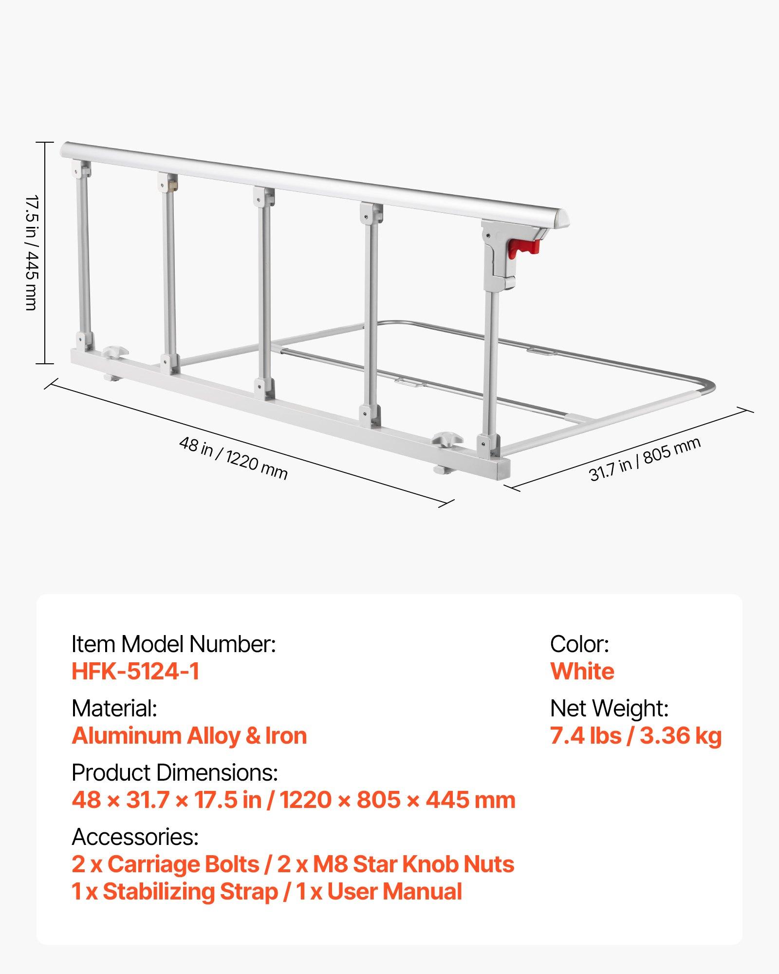 VEVOR Foldable Bed Rail for Elderly, 48 in Bedside Assist Rail with Fixing Strap, Adjustable Height Pipe Bedside Cane, High-Strength Metal Senior Bed Bar, Hand Guard Grab Fits King, Queen, Full, Twin