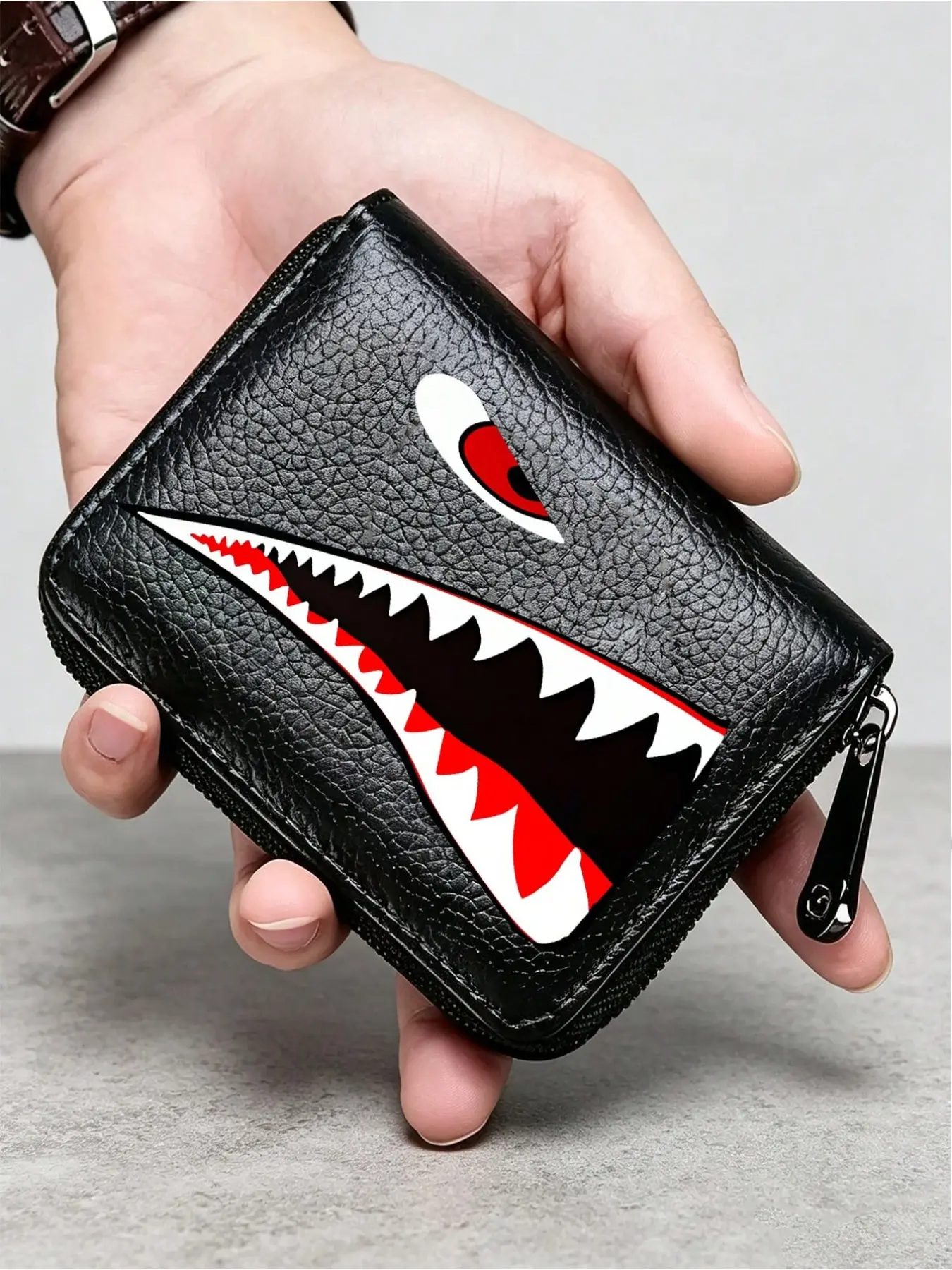 Men's wallet, PU leather wallet, cool wallet for teenage boys, shark print wallet pattern, 9-card business card holder, accordion zipper card case, unisex, multifunctional card and coin wallet, credit card holder