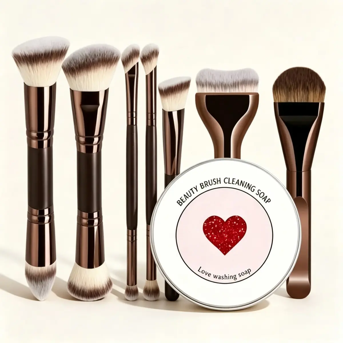 7-Piece Dual-Ended Professional Makeup Brush Set with Cleaning Soap, High-Quality Synthetic Bristles, Ideal for Foundation, Powder, Blush, Eye Shadow