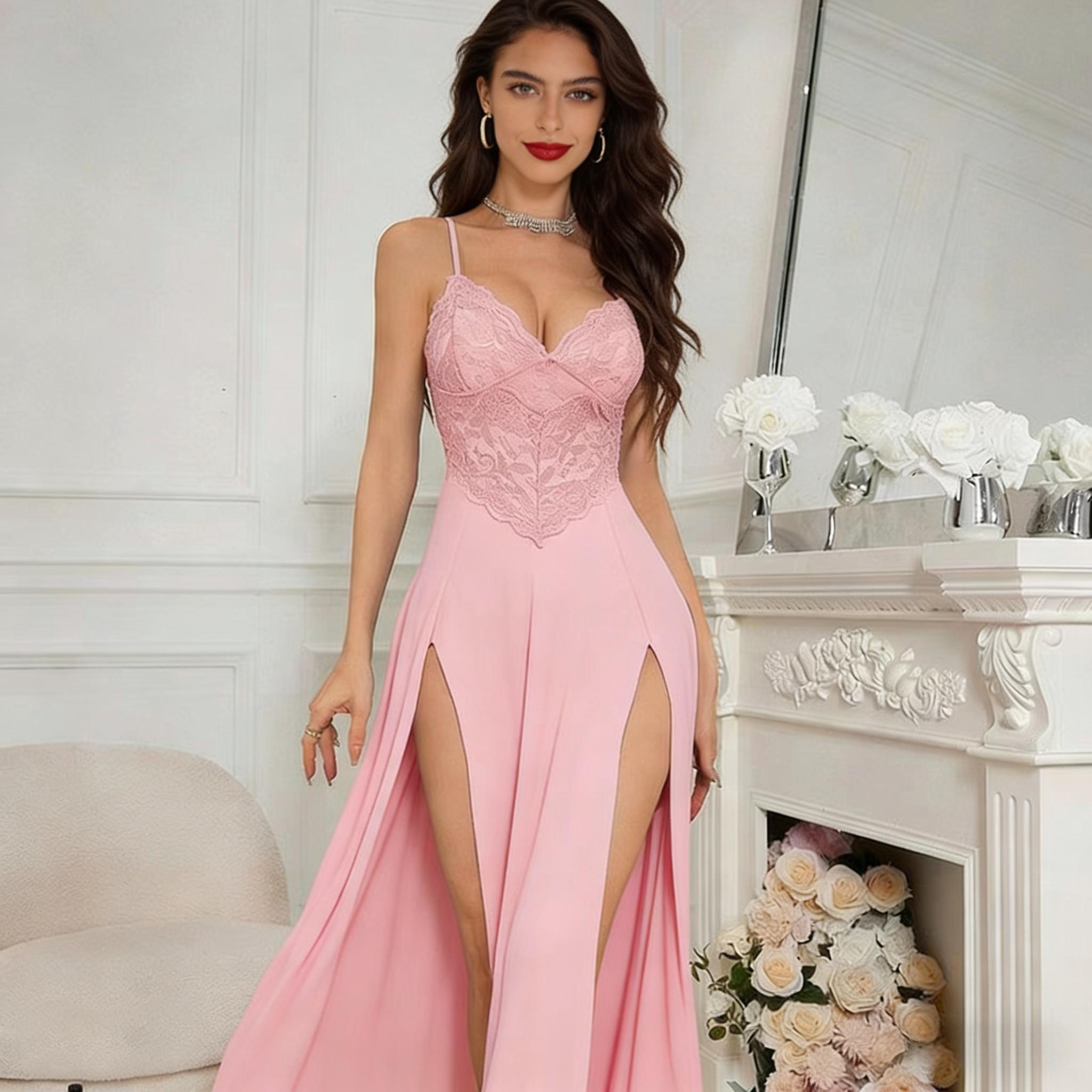 Long Lace Sleepshirt for Women: Elegant and Sexy High Side Slit Nightgown, Romantic Pajama Dress