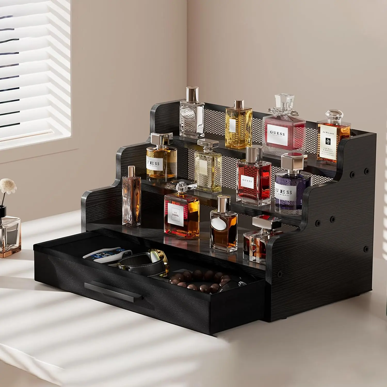 Cologne Organizer for Men, 3 Tier Black Wooden Perfume Stand with Drawer Storage, Display Shelf for Cologne, Watches, Skincare & Makeup, Ideal Fathers Day & Mothers Day Gift