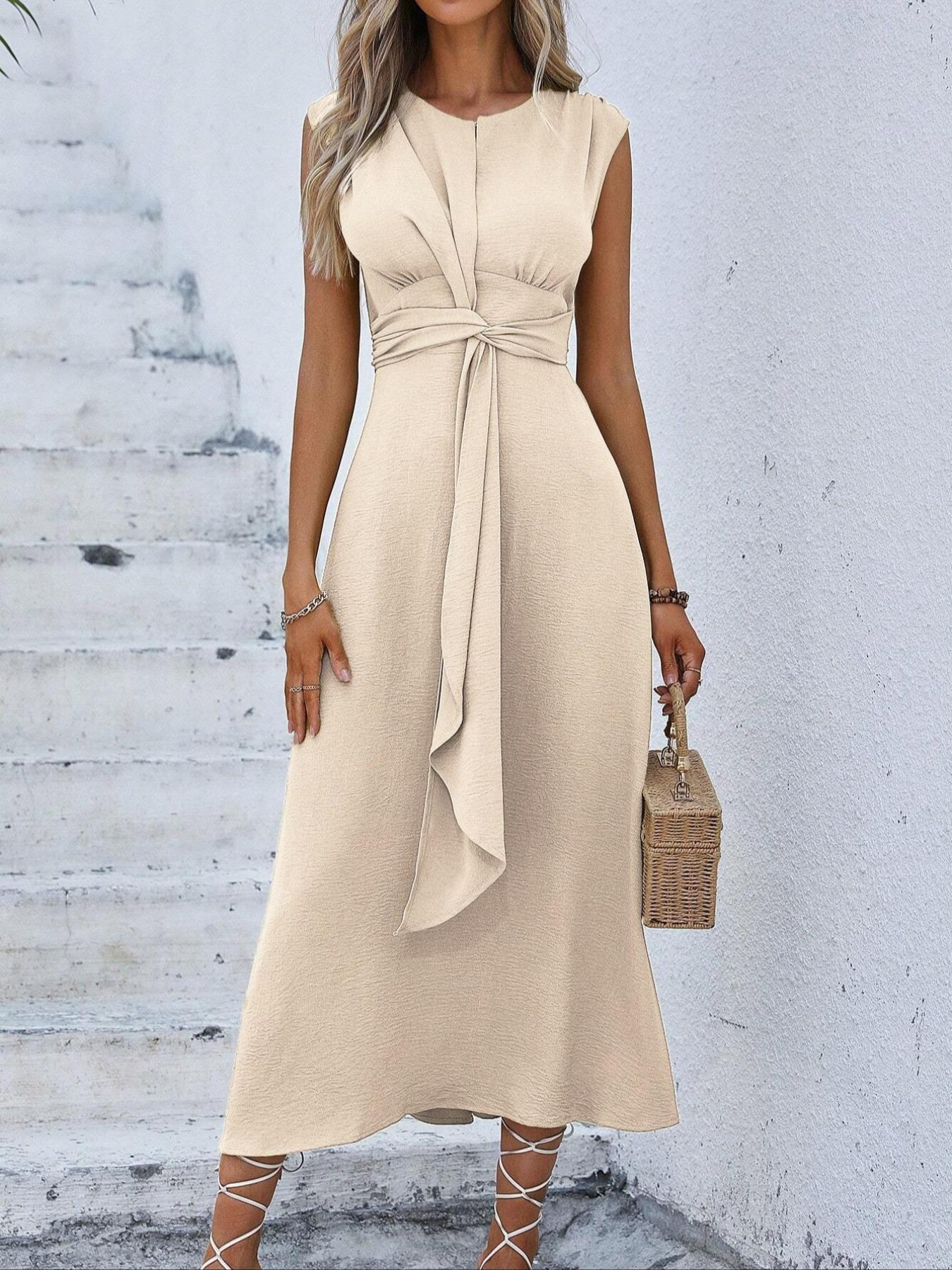 Women's Sleeveless Round Neck Plain Waist-Cinched A-Line Dress with Slimming Front Design, Perfect for Daily Commute