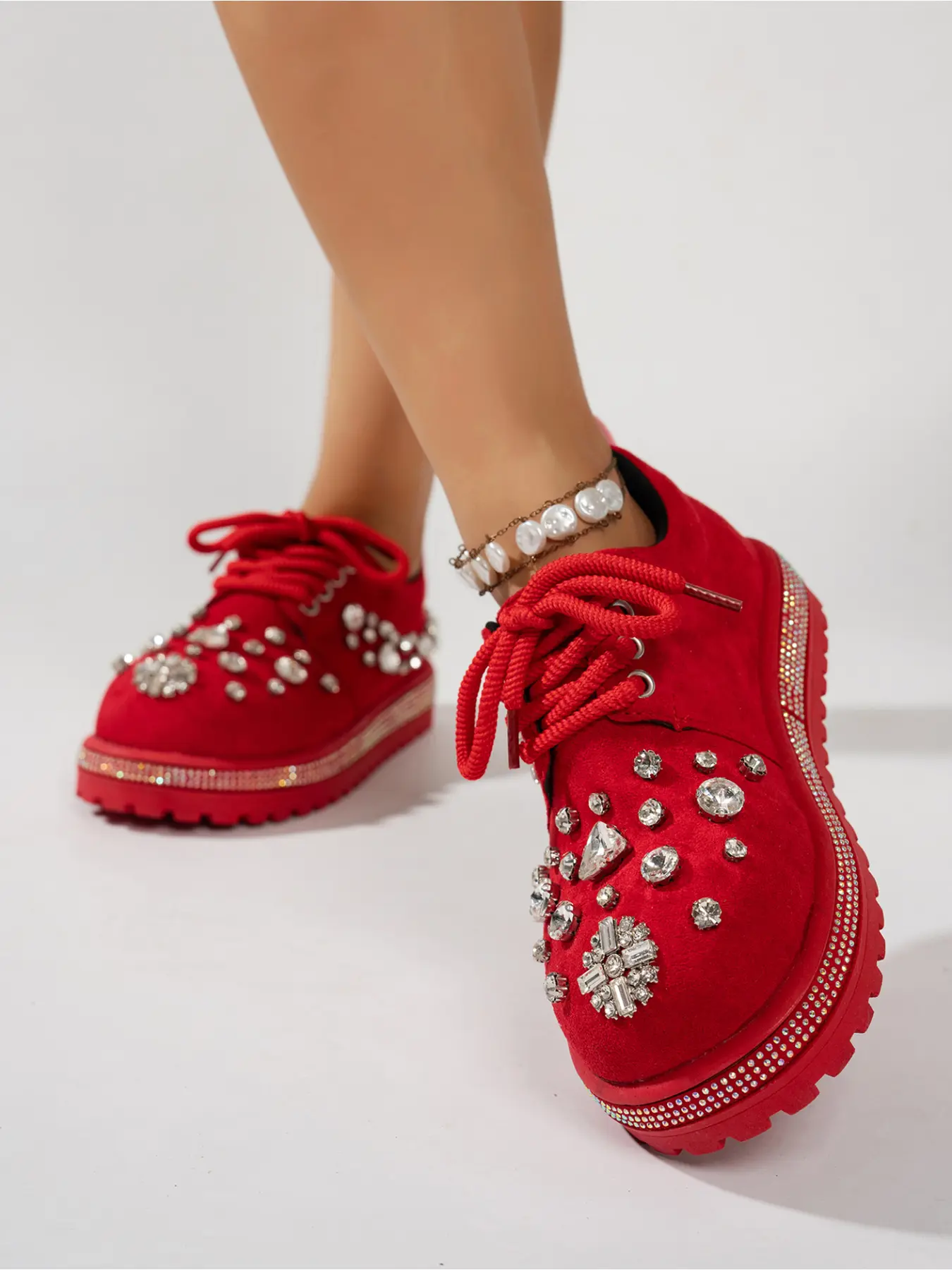 Ladies Sparkly Multi Shape Crystal Rhinestone Platform Sneakers Trendy Trainers Matte Suede Upper Non Slip Lug Sole Night Club Festival Outfit Shoes