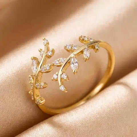 Women's Elegant Rhinestone Decorated Leaf Design Cuff Copper Ring, Jewelry Open Ring, Exquisite Trendy Ring, Fashionable Jewelry for Women As Gift, Beautiful Rings