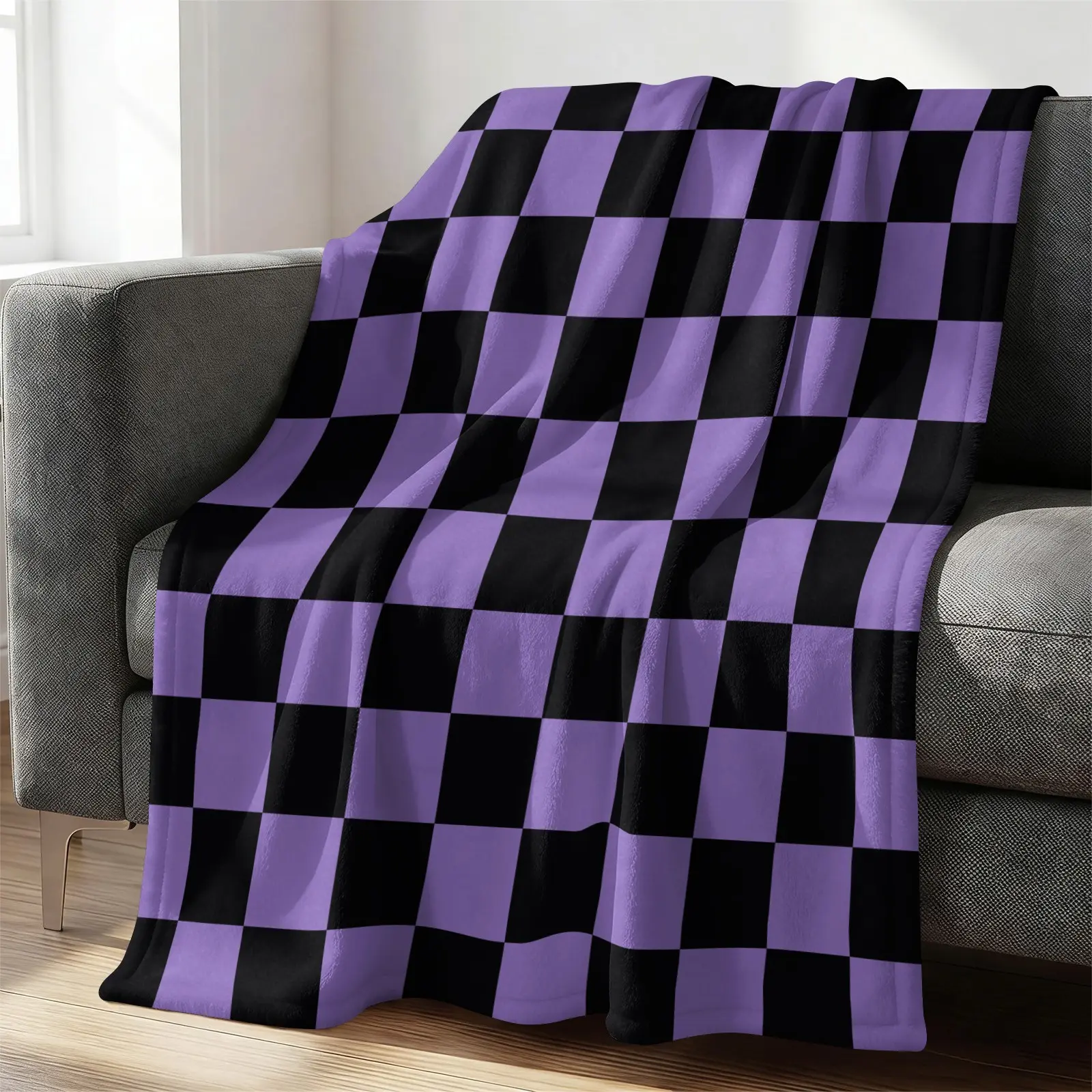 Purple Black Checkerboard Print Flannel Blanket, Ultra Soft & Cozy Throw Blanket for Couch Bed & Living Room, Warm Blanket for All Seasons, Viral Gift Blanket Perfect for Teens, Girls on Birthday & Holiday