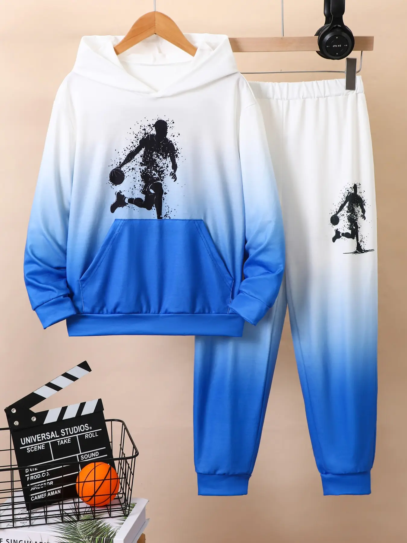 Boys' Fall Winter Basketball Pattern Hoodie Pants Set, Loose Fit, High Elastic Waist, Ages 8-12, Perfect for Outdoor Activities