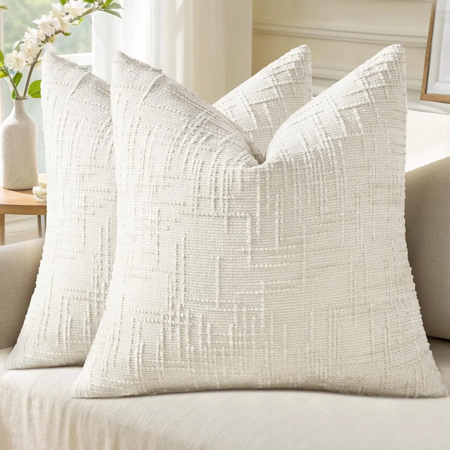 Summer Cream White Chenille Throw Pillow Covers 18x18 Set of 2, Textured Cozy Slubby Couch Pillow Covers, Modern Farmhouse Boho Decorative Pillow Cases for Bed Sofa Living Room