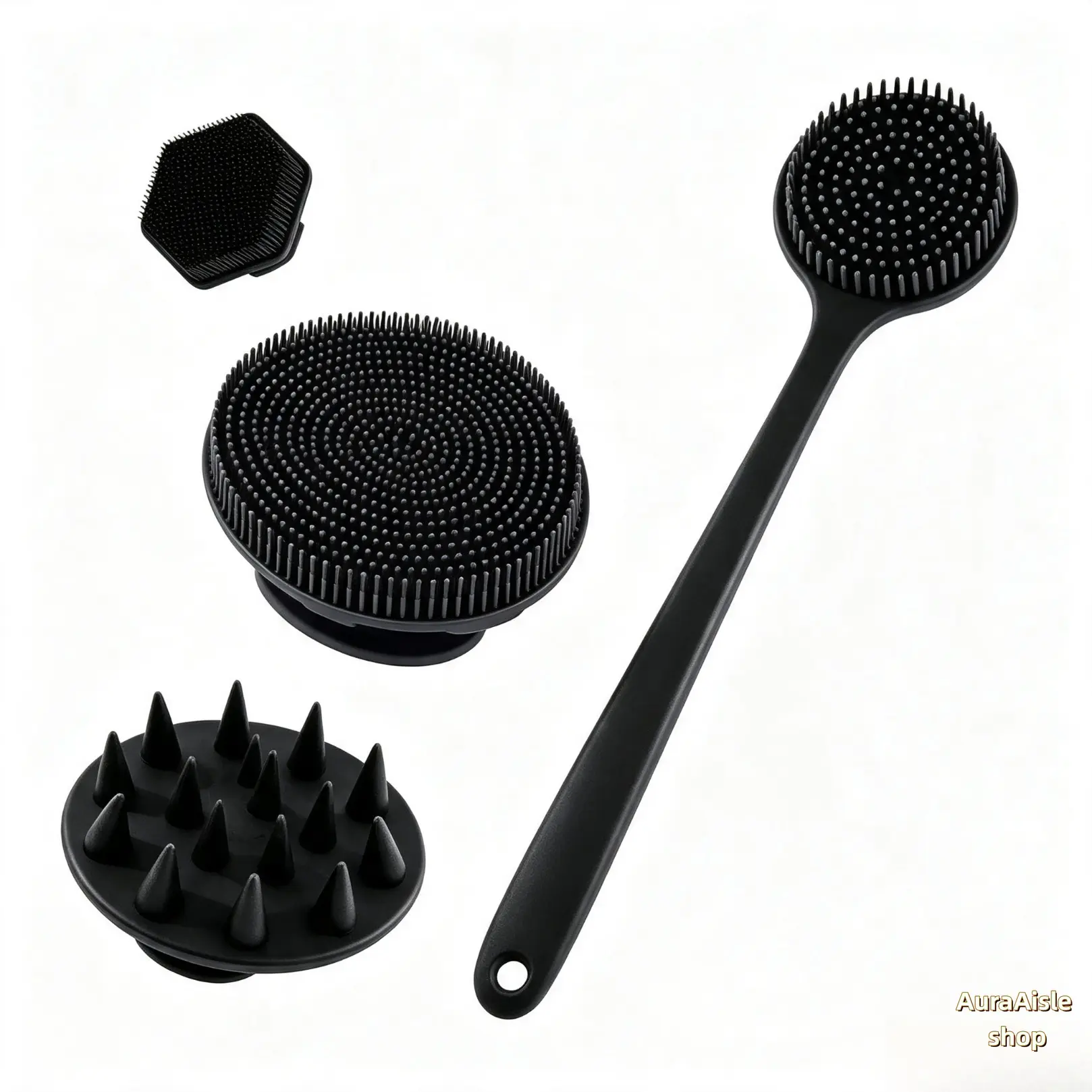4‑Piece Silicone Shower Brush Set, Long‑Handle Back Scrubber & Multi‑Function Bath Brushes, Gentle Exfoliating Body Care Tools, Practical Bathing Accessories For Daily Shower Use
