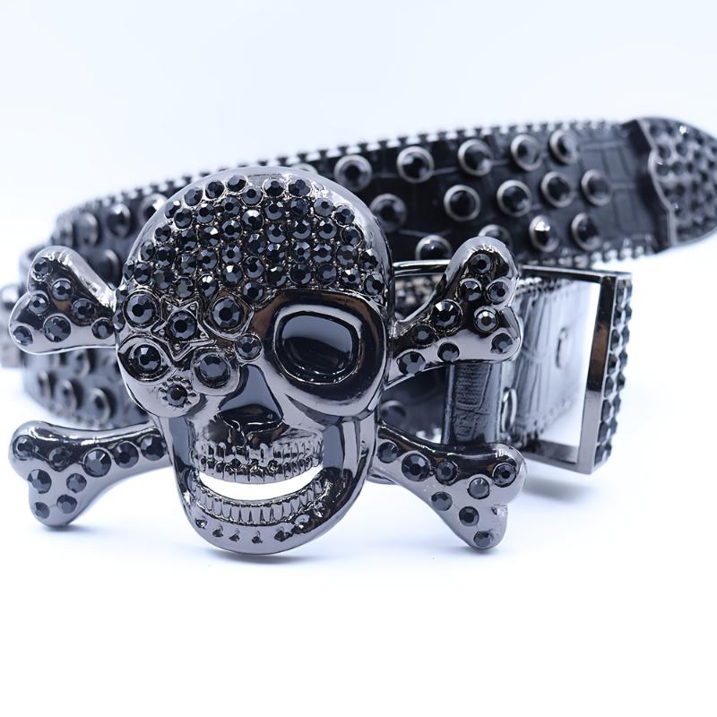 Men's & Women's Gothic Punk Y2K Rhinestone Skull Belt - Large Black Statement Belt with -Adorned Skull Buckle, Hip Hop Unisex Belt for Jeans, Parties & Themed Events (Plus Size Available)