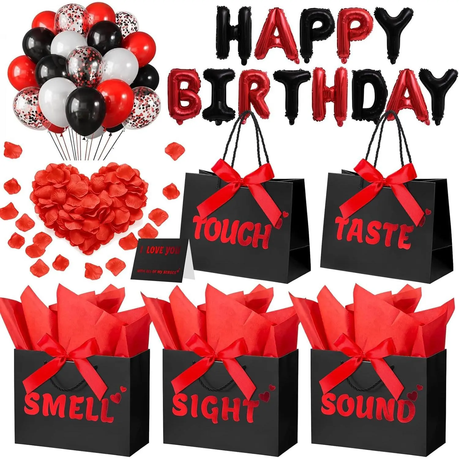 5-Piece Boxed Party Bags & Package Set for Him with Labels, 9"x4"x7" Gift Bags, Tissue Paper, Bow Ribbon, Happy Birthday Decorations, Banner, Balloons, Rose Petals, Card for Men, Wedding, 5 Senses, Five Pieces