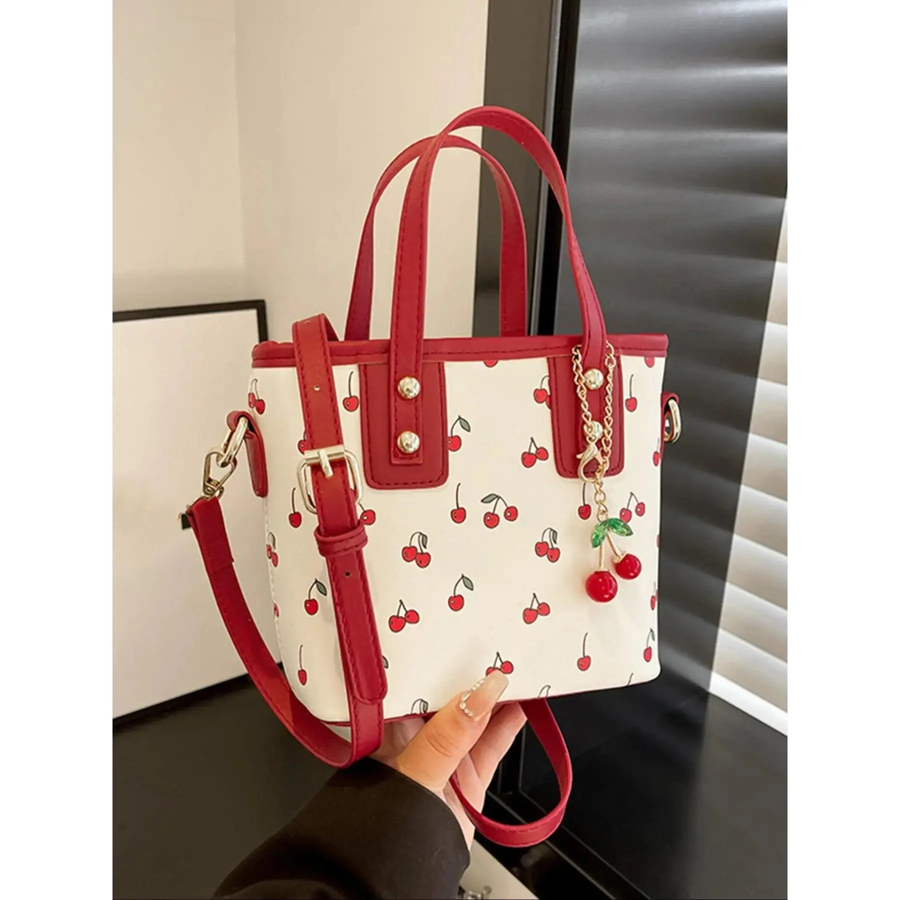 Women's All Over Cherry Print Handbag with Cute Cherry Charm Decor, Fashionable Zipper Closure Crossbody Bag for Daily Commute, Casual Trendy Versatile High-quality Daily Commuting Bag